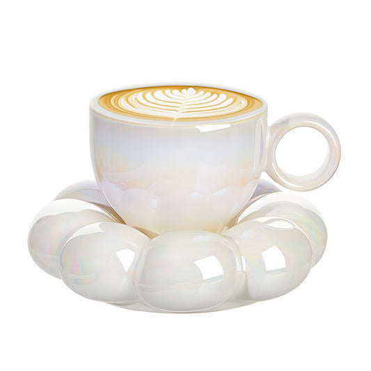 Ceramic Coffee Mug with Saucer, Creative Cute Mug with Sunflower Coaster for Office and Home, Dishwasher and Microwave Safe, 7 oz/200 ml for Tea Latte Milk (Pearl White)