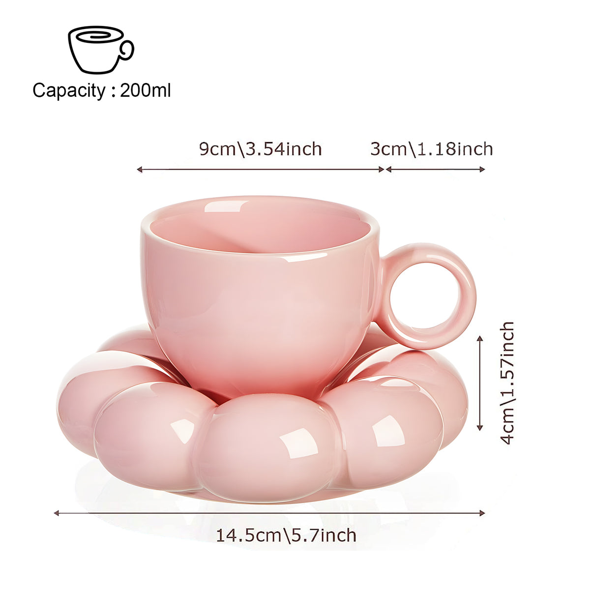 Ceramic Coffee Mug with Saucer, Creative Cute Mug with Sunflower Coaster for Office and Home, Dishwasher and Microwave Safe, 7 oz/200 ml for Tea Latte Milk (Peach Pink)