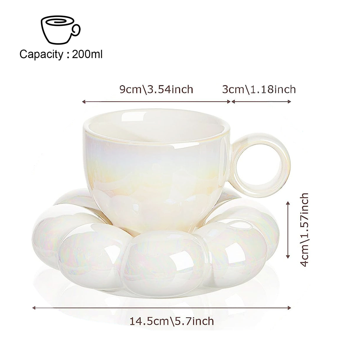 Ceramic Coffee Mug with Saucer, Creative Cute Mug with Sunflower Coaster for Office and Home, Dishwasher and Microwave Safe, 7 oz/200 ml for Tea Latte Milk (Pearl White)