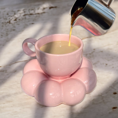 Ceramic Coffee Mug with Saucer, Creative Cute Mug with Sunflower Coaster for Office and Home, Dishwasher and Microwave Safe, 7 oz/200 ml for Tea Latte Milk (Peach Pink)