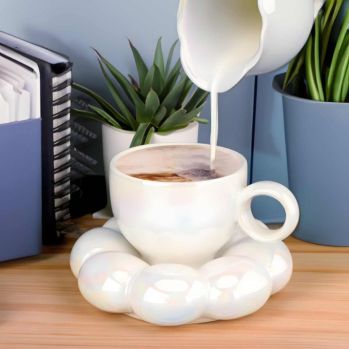 Ceramic Coffee Mug with Saucer, Creative Cute Mug with Sunflower Coaster for Office and Home, Dishwasher and Microwave Safe, 7 oz/200 ml for Tea Latte Milk (Pearl White)