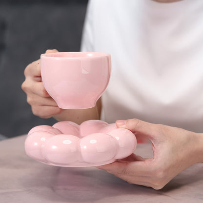 Ceramic Coffee Mug with Saucer, Creative Cute Mug with Sunflower Coaster for Office and Home, Dishwasher and Microwave Safe, 7 oz/200 ml for Tea Latte Milk (Peach Pink)