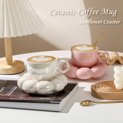 Ceramic Coffee Mug with Saucer, Creative Cute Mug with Sunflower Coaster for Office and Home, Dishwasher and Microwave Safe, 7 oz/200 ml for Tea Latte Milk (Peach Pink)