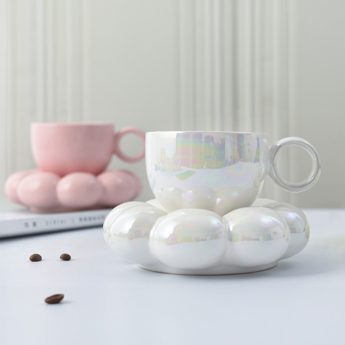 Ceramic Coffee Mug with Saucer, Creative Cute Mug with Sunflower Coaster for Office and Home, Dishwasher and Microwave Safe, 7 oz/200 ml for Tea Latte Milk (Pearl White)