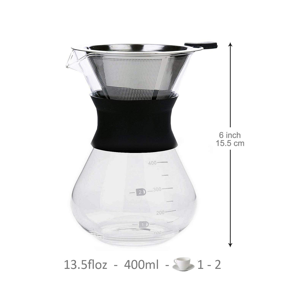 Pour Over Coffee Maker Set with Reusable Stainless Steel Drip Filter Elegant Coffee Dripper Pot Glass Carafe & Permanent Stainless Steel Filter