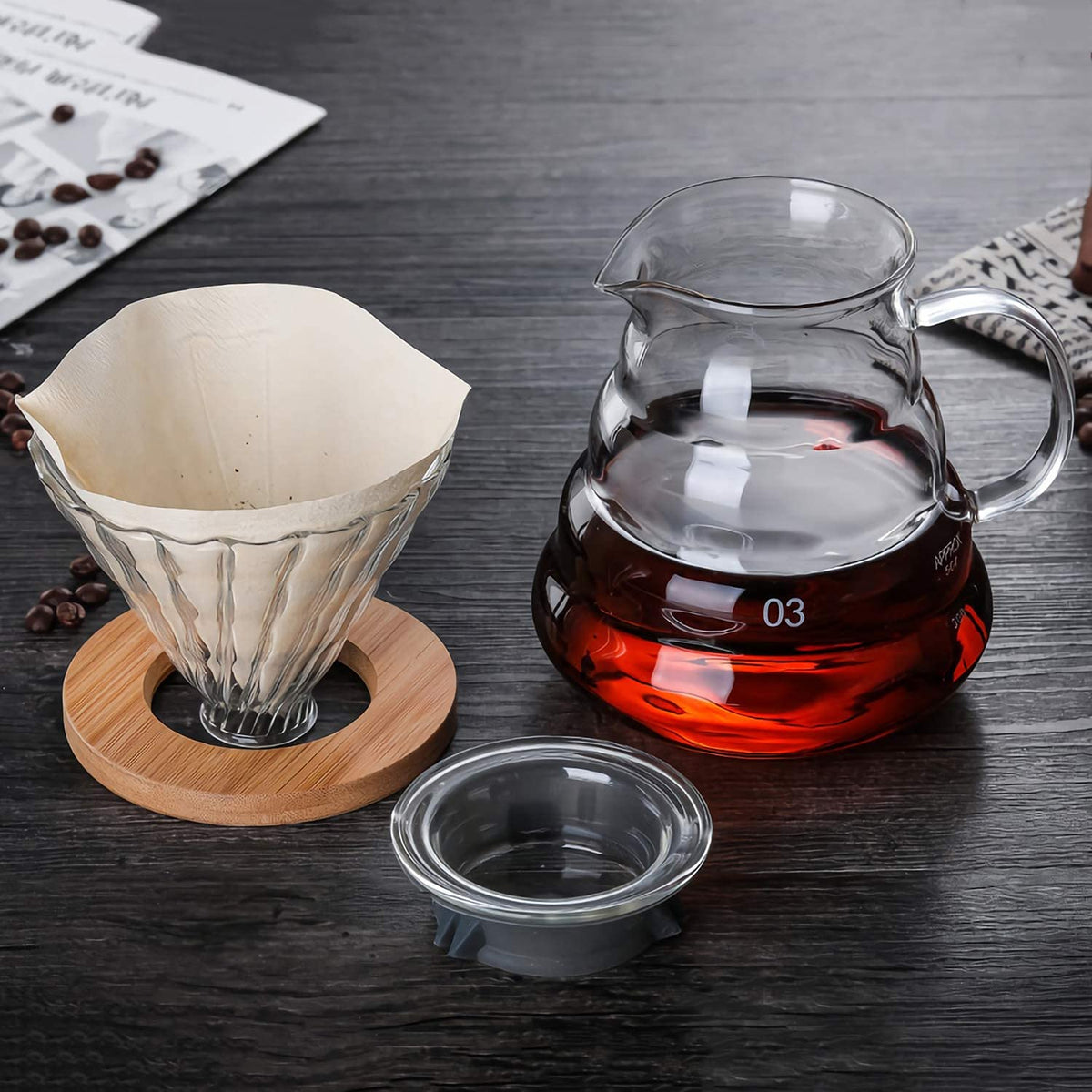 Glass Coffee Dripper, V60 Pour Over Coffee Dripper With Bamboo Wood Base, Slow Brewing Accessories for Home Cafe Restaurants, 1-4 Cups