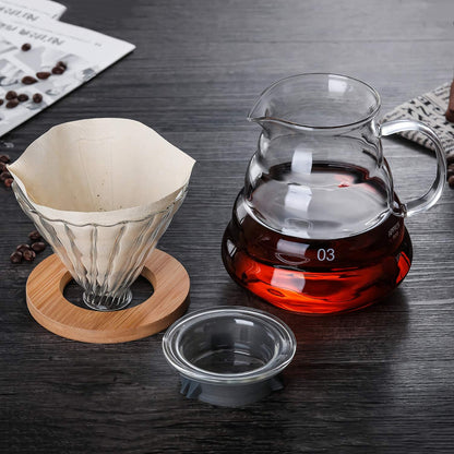 Glass Coffee Dripper, V60 Pour Over Coffee Dripper With Bamboo Wood Base, Slow Brewing Accessories for Home Cafe Restaurants, 1-4 Cups